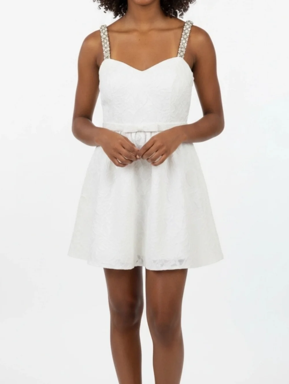 Sachin-Babi Women White Selena Dress Sz 4 Beaded Strap Floral Jacquard